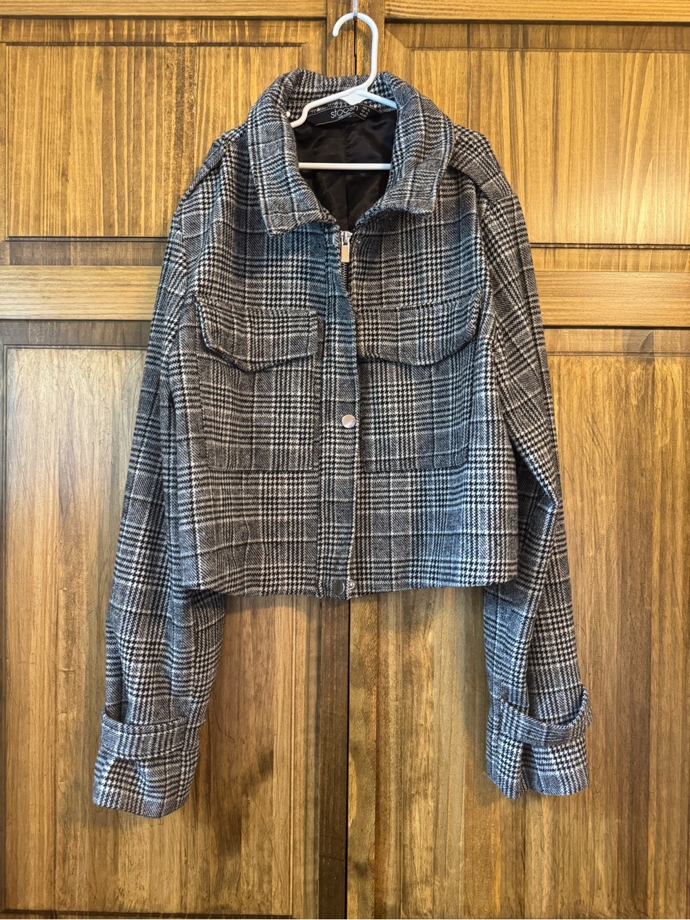 Stoosh Gray and Black Plaid Cropped Jacket